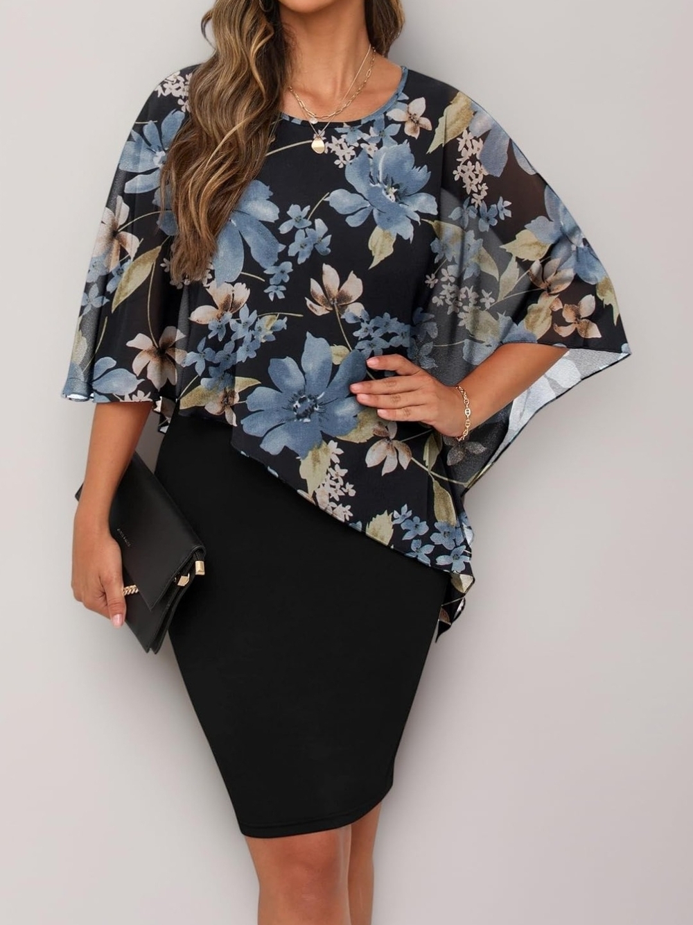 Floral Sheer Overlay Midi Dress in Black and Blue